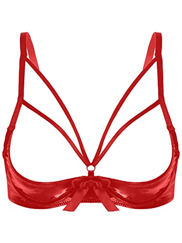 iEFiEL Damen Crop Top Neckholder Wetlook Brustfrei BH Weste Tank Tops Kurze Leder Schulterfrei Shirt Bikini Oberteil Clubwear Gogo TA Rot G L von iEFiEL