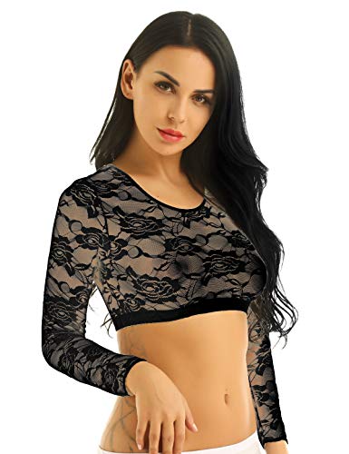 iEFiEL Damen Crop Top Spitzen Bauchfrei T-Shirt Langarm Sexy Bluse Tunika Mesh Dessous durchsichtig Bikini Oberteil Schwarz XXL von iEFiEL