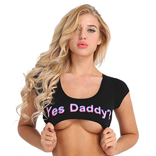 iEFiEL Damen Crop Tops Sexy Bauchfrei T-Shirt Kurzarm Mini Oberteil Baumwolle Damen Milkmaid Bluse Melkerin Tops Clubwear Schwarz (Slogan) One Size von iEFiEL