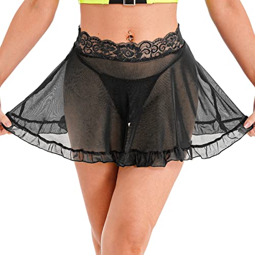 iEFiEL Damen Minirock mit G-String Mesh Rock Durchsichtig Faltenrock t Spitzeblumen Rock Kurz Tanzrock Dessouos Set Schwarz M von iEFiEL