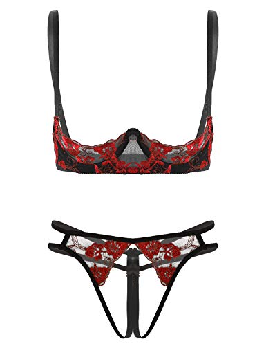 iEFiEL Damen Dessous-Set 2tlg. Unterbrust BH Hebe und Ouvert-String Tanga Spitze Reizwäsche verführerische Unterwäsche (OneSize, Rot + Schwarz) von iEFiEL