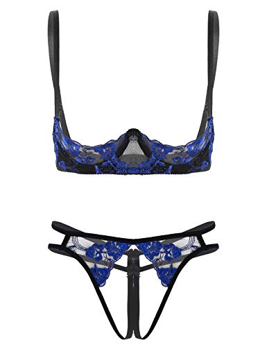 iEFiEL Damen Dessous-Set 2tlg. Unterbrust BH Hebe und Ouvert-String Tanga Spitze Reizwäsche verführerische Unterwäsche (OneSize, Schwarz + Blau) von iEFiEL