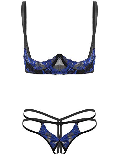 iEFiEL Damen Dessous-Set 2tlg. Unterbrust BH Hebe und Ouvert-String Tanga Spitze Reizwäsche verführerische Unterwäsche Blau Einheitsgröße von iEFiEL