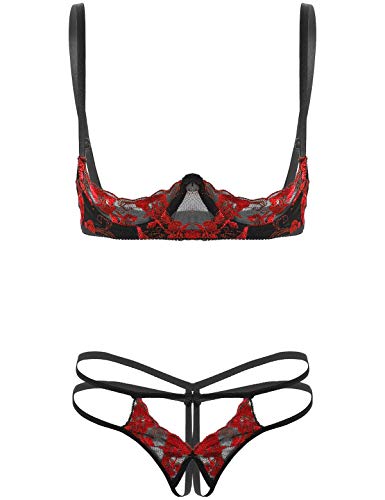 iEFiEL Damen Dessous-Set 2tlg. Unterbrust BH Hebe und Ouvert-String Tanga Spitze Reizwäsche verführerische Unterwäsche Rot Einheitsgröße von iEFiEL