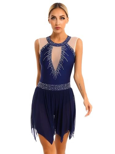 iEFiEL Damen Glitzer Tanzkleid Eiskunstlauf Kleid Mit Strass Ballettkleid Glänzende Tanzkleid Ärmellose Ballet Kleid Tanzkostüm Navy Blau S von iEFiEL