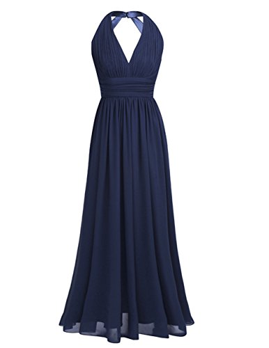 iEFiEL Damen Elegant festliches Kleid Abendkleid V-Ausschnitt Brautjungfer Cocktailkleid Chiffon Faltenrock Langes Abendkleider Marineblau 36 von iEFiEL