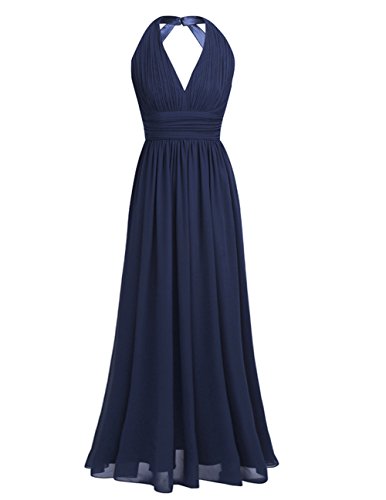 iEFiEL Damen Elegant festliches Kleid Abendkleid V-Ausschnitt Brautjungfer Cocktailkleid Chiffon Faltenrock Langes Abendkleider Marineblau 38-40 von iEFiEL