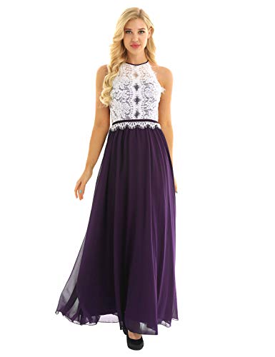 iEFiEL Damen Festliche Kleid Elegant Spitzenkleid Brautjungfernkleider Chiffon Abendkleid Lang Cocktailkleid Rückenfrei Ballkleider Dunkellila 40 von iEFiEL