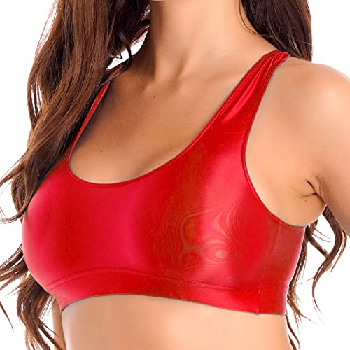 iEFiEL Damen Glänzend Crop Top Nylon Stretch Sport BH Push Up mit Racerback Bikini Oberteile Öl Reizwäsche Fitness Yoga Bra Unterwäsche Rot XL von iEFiEL