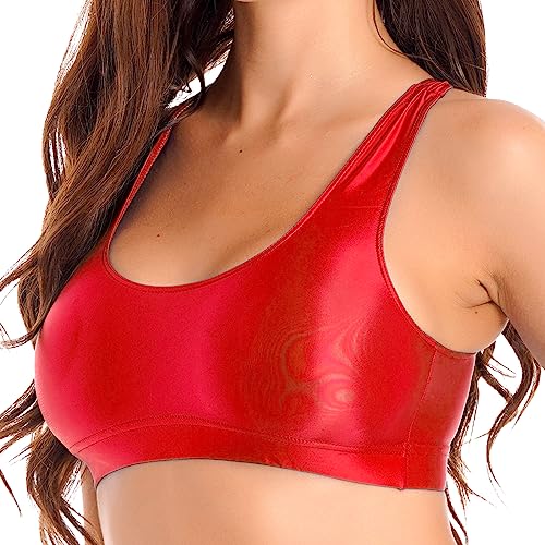 iEFiEL Damen Glänzend Crop Top Nylon Stretch Sport BH Push Up mit Racerback Bikini Oberteile Öl Reizwäsche Fitness Yoga Bra Unterwäsche Rot XL iEFiEL Damen Glänzend Crop Top Nylon Stretch Sport BH Push Up mit Racerback Bikini Oberteile Öl Reizwäsche Fitness Yoga Bra Unterwäsche Rot XL von iEFiEL