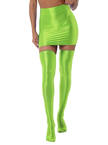 iEFiEL Damen Glänzende Minirock Eng Stretch Öl Röcke Kurze Rock Einfarbig Bleistiftröcke High Waist Partykleid Tanz Partyrock W Fluoreszierendes Grün mit Strümpfe XL von iEFiEL