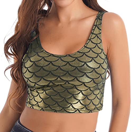 iEFiEL Damen Glänzende Tops Wetlook T-Shirt Bauchfrei Oberteile Gogo Clubwear Leder-Optik Tank Top Weste Sport Bustier Unterhemd W Gold Meerjungfrau Einheitsgröße von iEFiEL