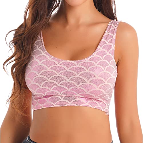 iEFiEL Damen Glänzende Tops Wetlook T-Shirt Bauchfrei Oberteile Gogo Clubwear Leder-Optik Tank Top Weste Sport Bustier Unterhemd W Rosa Meerjungfrau Einheitsgröße von iEFiEL