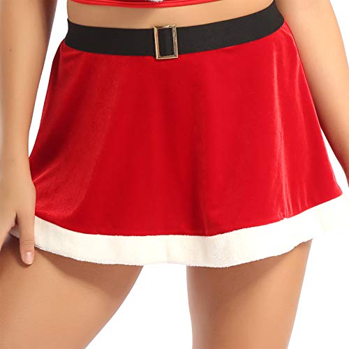 iEFiEL Damen Glitzer A-Linien Rock Hohe Taillen Miss Santa Kostüm für Weihnachten Party Frauen Ballett Tutu Tanzrock Mini Skater Rock mit elastische Bund Rot Kunstpelz Rock S von iEFiEL