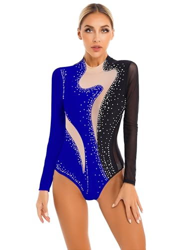 iEFiEL Damen Glitzer Ballettanzug Langarm Turnanzug Patchwork Body mit Strass Ballett Trikot Tanz-Body Gymnastikanzug B Schwarz + Königsblau L von iEFiEL