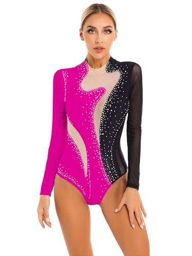 iEFiEL Damen Glitzer Ballettanzug Langarm Turnanzug Patchwork Body mit Strass Ballett Trikot Tanz-Body Gymnastikanzug B Schwarz + Rose S von iEFiEL