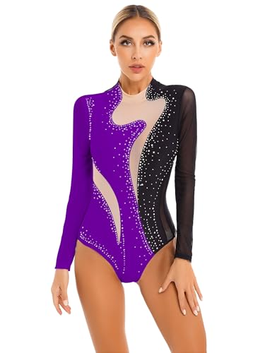 iEFiEL Damen Glitzer Ballettanzug Langarm Turnanzug Patchwork Body mit Strass Ballett Trikot Tanz-Body Gymnastikanzug B Schwarz + Violett L von iEFiEL