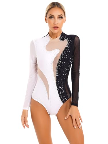 iEFiEL Damen Glitzer Ballettanzug Langarm Turnanzug Patchwork Body mit Strass Ballett Trikot Tanz-Body Gymnastikanzug B Schwarz + Weiß M von iEFiEL