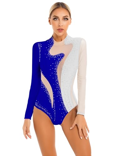 iEFiEL Damen Glitzer Ballettanzug Langarm Turnanzug Patchwork Body mit Strass Ballett Trikot Tanz-Body Gymnastikanzug B Weiß + Königsblau L von iEFiEL