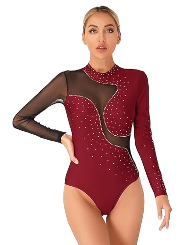 iEFiEL Damen Glitzer Ballettanzug Langarm Turnanzug Patchwork Body mit Strass Ballett Trikot Tanz-Body Gymnastikanzug Burgundy Langarm S von iEFiEL