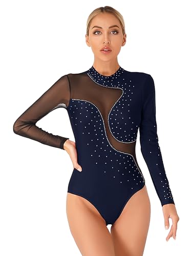 iEFiEL Damen Glitzer Ballettanzug Langarm Turnanzug Patchwork Body mit Strass Ballett Trikot Tanz-Body Gymnastikanzug Marineblau Langarm M von iEFiEL