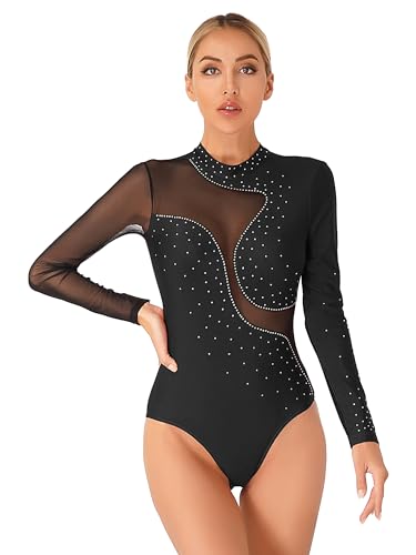 iEFiEL Damen Glitzer Ballettanzug Langarm Turnanzug Patchwork Body mit Strass Ballett Trikot Tanz-Body Gymnastikanzug Schwarz Langarm M von iEFiEL