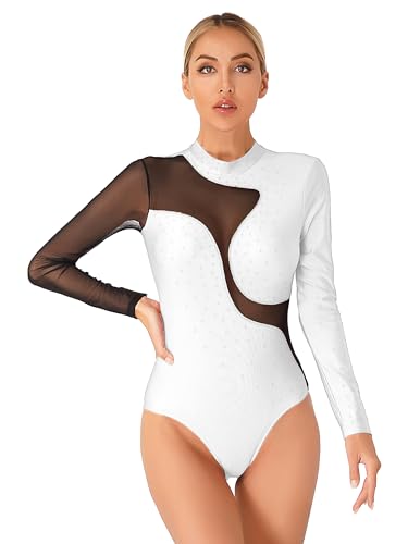 iEFiEL Damen Glitzer Ballettanzug Langarm Turnanzug Patchwork Body mit Strass Ballett Trikot Tanz-Body Gymnastikanzug Weiß Langarm L von iEFiEL