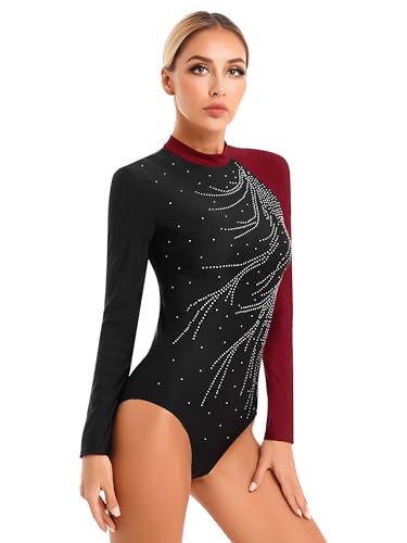 iEFiEL Damen Turnanzug Langarm Glitzer Gymnastik Leotards mit Strasssteine Zweifarbig Tanzbody Klassische Ballet Trikots Tanzkostüm Burgundy L von iEFiEL