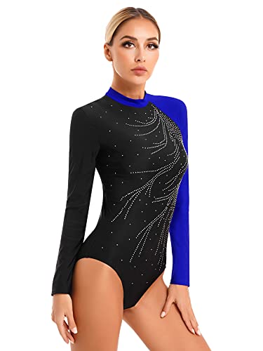 iEFiEL Damen Turnanzug Langarm Glitzer Gymnastik Leotards mit Strasssteine Zweifarbig Tanzbody Klassische Ballet Trikots Tanzkostüm Royal Blau L von iEFiEL