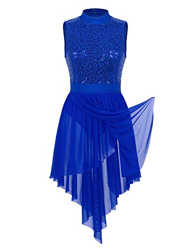 iEFiEL Damen Glitzer Ballettkleid Pailletten Ballettkleidung Ballett Trikot Swing Kleid Latein Tanzkleid mit Unregelmäßig Rock Leotards Trikot Kleider Blau XL von iEFiEL