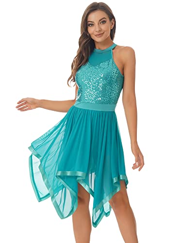 iEFiEL Damen Glitzer Ballettkleid Pailletten Ballettkleidung Ballett Trikot Swing Kleid Latein Tanzkleid mit Unregelmäßig Rock Leotards Trikot Kleider Xa Grün XL von iEFiEL