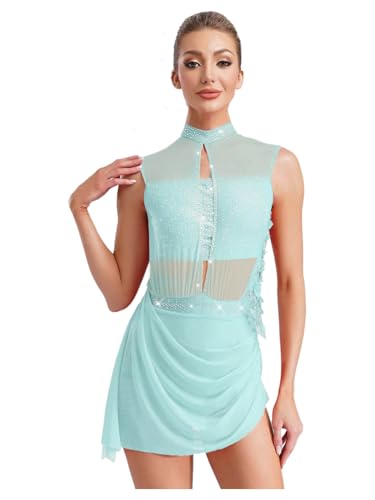 iEFiEL Damen Glitzer Eiskunstlauf Kleid Transparent Latein Tanzkleid Rückenfrei Ballett Samba Tanzkleidung Rollkunstlauf Kürkleid Turnanzug Hellblau M von iEFiEL