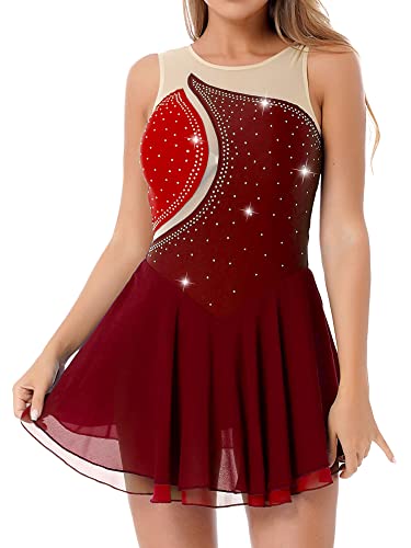 iEFiEL Damen Glitzer Kleider Eiskunstlauf Kleider Ärmellose Tanzkleid Ballet Trikot Tanzkleidung mit Strass Wettbewerb Minikleid Burgundy L von iEFiEL