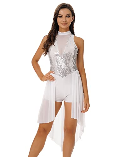 iEFiEL Damen Glitzer Ballettkleid Pailletten Ballettkleidung Ballett Trikot Swing Kleid Latein Tanzkleid mit Unregelmäßig Rock Leotards Trikot Kleider X Weiß M von iEFiEL