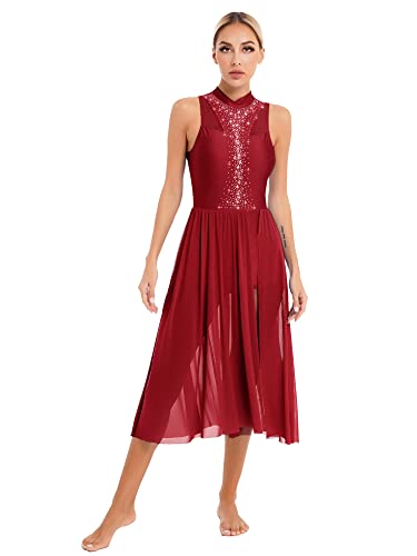 iEFiEL Damen Glitzer Tanzkleid Lyrisches Standard Ballsaal Walzer Tango Ballettkleid mit Strass Vintage Swing Kleid Lange Midi-Rock Burgundy Glitzer L von iEFiEL