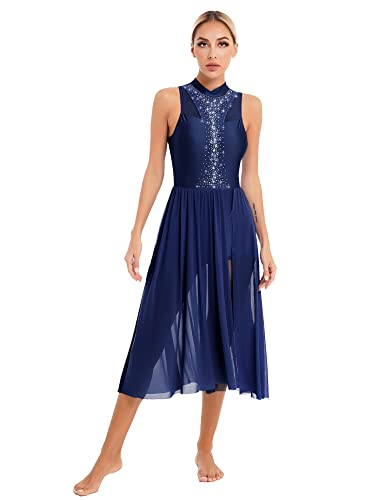 iEFiEL Damen Glitzer Tanzkleid Lyrisches Standard Ballsaal Walzer Tango Ballettkleid mit Strass Vintage Swing Kleid Lange Midi-Rock Marineblau Glitzer L von iEFiEL