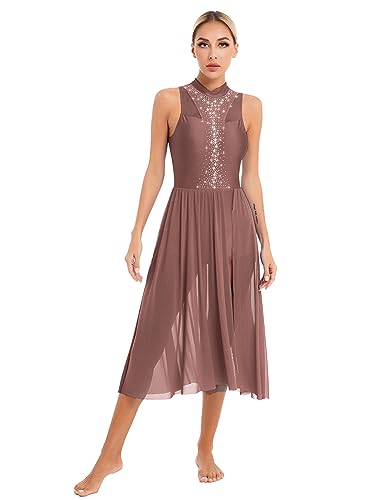 iEFiEL Damen Glitzer Tanzkleid Lyrisches Standard Ballsaal Walzer Tango Ballettkleid mit Strass Vintage Swing Kleid Lange Midi-Rock Xb Rötlich-braun Glitzer L von iEFiEL