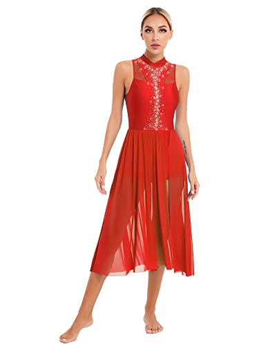 iEFiEL Damen Glitzer Tanzkleid Lyrisches Standard Ballsaal Walzer Tango Ballettkleid mit Strass Vintage Swing Kleid Lange Midi-Rock Rot Glitzer M von iEFiEL