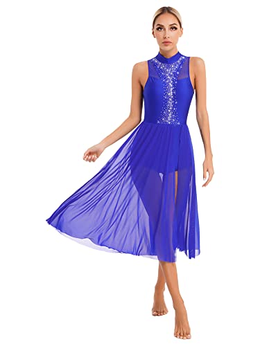 iEFiEL Damen Glitzer Tanzkleid Lyrisches Standard Ballsaal Walzer Tango Ballettkleid mit Strass Vintage Swing Kleid Lange Midi-Rock Royal Blau Glitzer XXL von iEFiEL