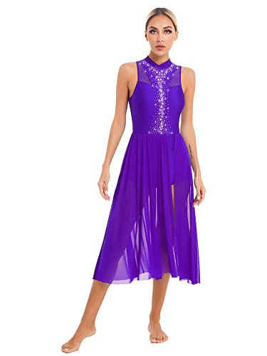 iEFiEL Damen Glitzer Tanzkleid Lyrisches Standard Ballsaal Walzer Tango Ballettkleid mit Strass Vintage Swing Kleid Lange Midi-Rock Violett Glitzer S von iEFiEL