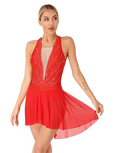 iEFiEL Damen Glitzer Tanzkleid Lyrisches Standard Ballsaal Walzer Tango Ballettkleid mit Strass Vintage Swing Kleid Lange Midi-Rock W Rot Kurz M von iEFiEL