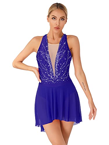 iEFiEL Damen Glitzer Tanzkleid Lyrisches Standard Ballsaal Walzer Tango Ballettkleid mit Strass Vintage Swing Kleid Lange Midi-Rock W Royal Blau Kurz XL von iEFiEL