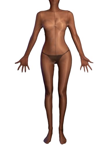 iEFiEL Damen Glossy Bodystocking Shiny Ganzkörperanzug Langarm Overall Nylon Bodysuit Einfarbig Catsuit Unterwäsche Kaffee Einheitsgröße von iEFiEL