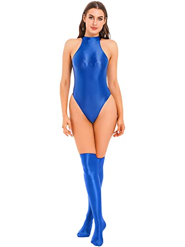 iEFiEL Damen Halb-Transparent Body Öl Stringbody Glänezende Bodysuit Einteiler Dessous Set mit Kniestrümpfe Neckholder Nachthemd Blau M von iEFiEL