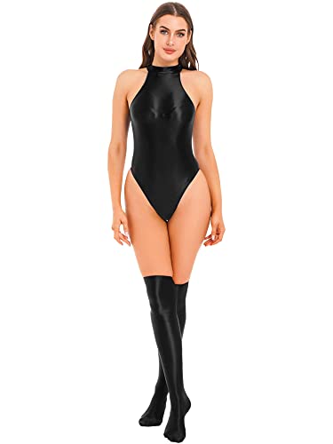 iEFiEL Damen Halb-Transparent Body Öl Stringbody Glänezende Bodysuit Einteiler Dessous Set mit Kniestrümpfe Neckholder Nachthemd Schwarz XL von iEFiEL