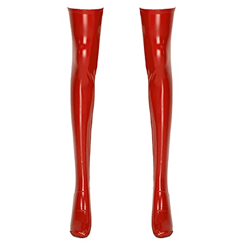 iEFiEL Damen Halterlose Overknee Strümpfe Stocking in Wetlook Leder-Optik Kniestrümpfe Reizwäsche S-2XL Rot XL von iEFiEL