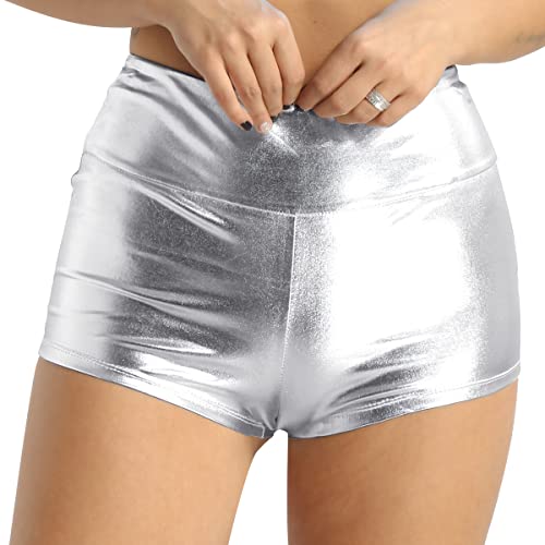 iEFiEL Metallic Damen Hotpants Kurze Sport Shorts Yogahose Sporthose Tanz Gymnastik Bekleidung Casual Freizeit Shorts Fitness Pants Silber S von iEFiEL