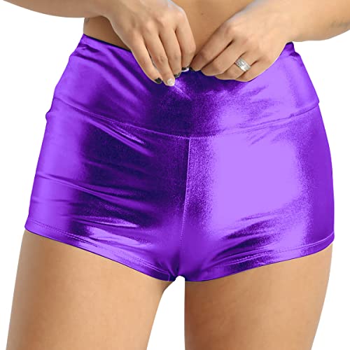 iEFiEL Metallic Damen Hotpants Kurze Sport Shorts Yogahose Sporthose Tanz Gymnastik Bekleidung Casual Freizeit Shorts Fitness Pants Violett XXL von iEFiEL