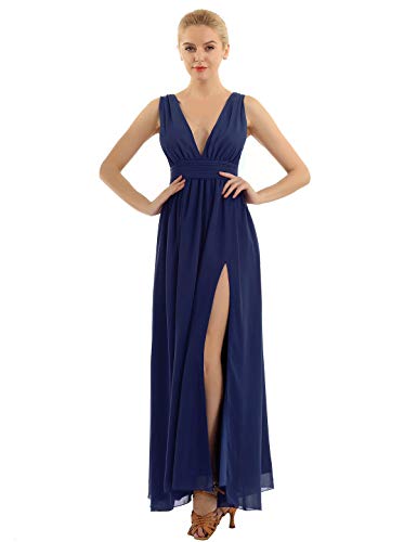 iEFiEL Damen Kleid Sexy Tiefes Dekolleté Cocktailkleid Maxi Partykleid Festlich Sommerkleider Chiffon Schlitz Split Abendkleid lang Marineblau 36 von iEFiEL