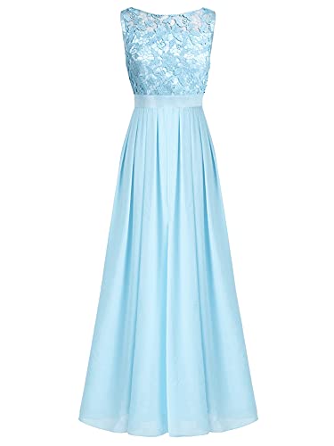 iEFiEL Damen Kleid Festliche Kleider Brautjungfer Hochzeit Cocktailkleid Chiffon Faltenrock Elegant Langes Abendkleid Partykleid Himmelblau 36-38 von iEFiEL